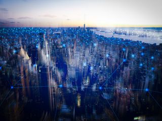 Cityscape with network communication lines