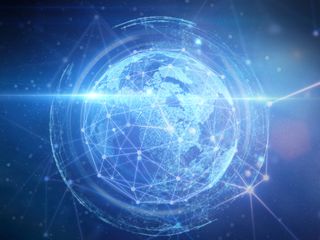 Dotted planet earth and network communications with technology circle element