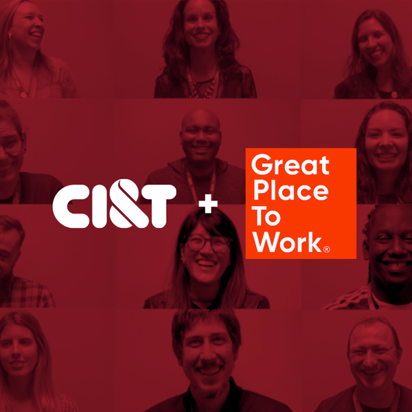 A grid of people smiling with a red overlap with the CI&T and Great Place to Work logos