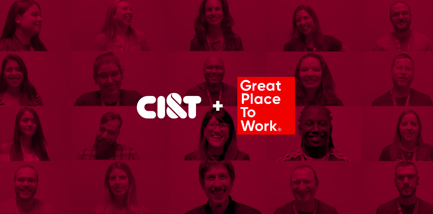 A grid of people smiling with a red overlap with the CI&T and Great Place to Work logos